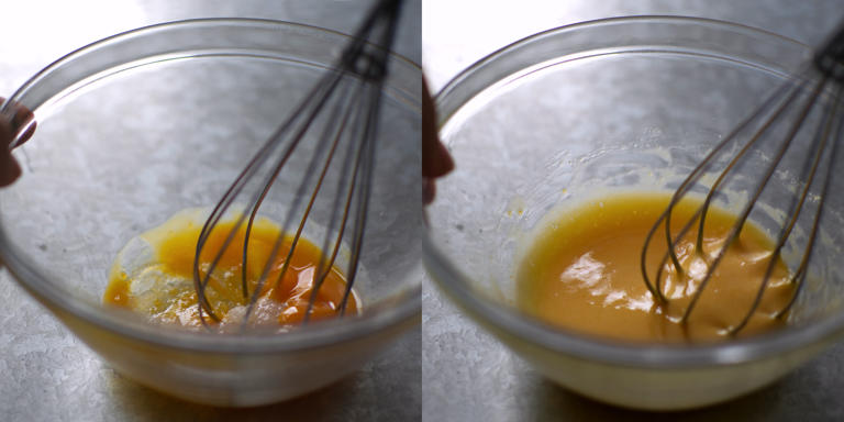泡立て器で卵黄とグラニュー糖を撹拌