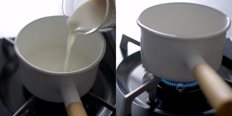 鍋に牛乳を入れて温めている