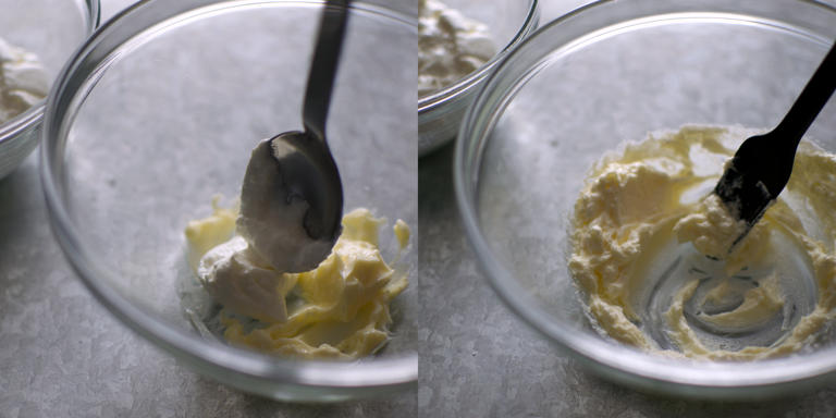 バターに水切りヨーグルトを混ぜている